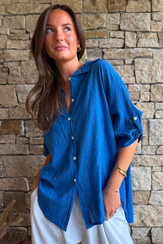 Pia Pillow Cotton Embroidered Tile Classic Shirt Cobalt
